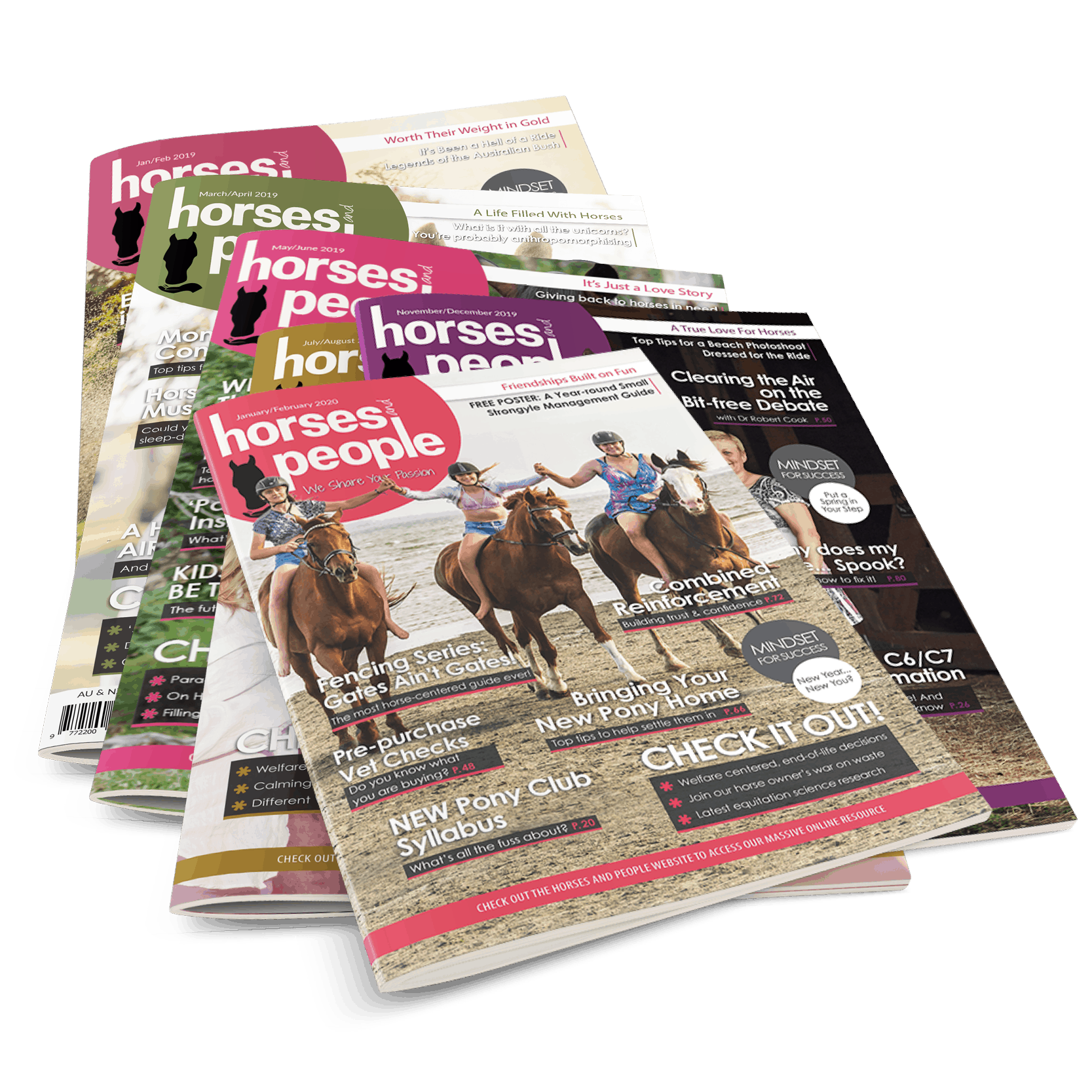 Product Shot - Stack of 6 Magazines 2019 Stack of 6 Horses and People Magazine issues. Horse care management and training resource