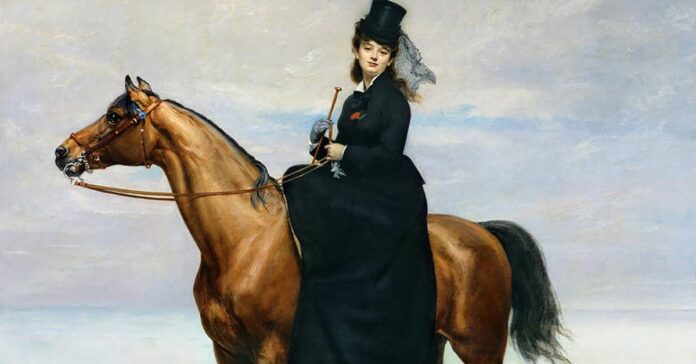 equestrian-portrait-of-mademoiselle-croizette-1873_FB A portrait of Mademoiselle Croizette riding sidesaddle on a bay horse by artist Emile Carolus-Duran, 1873. history of rider wear