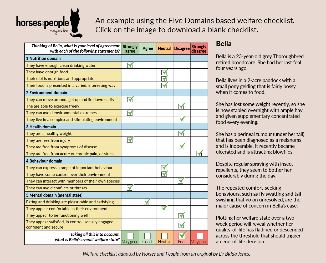 Welfare checklist for Bella